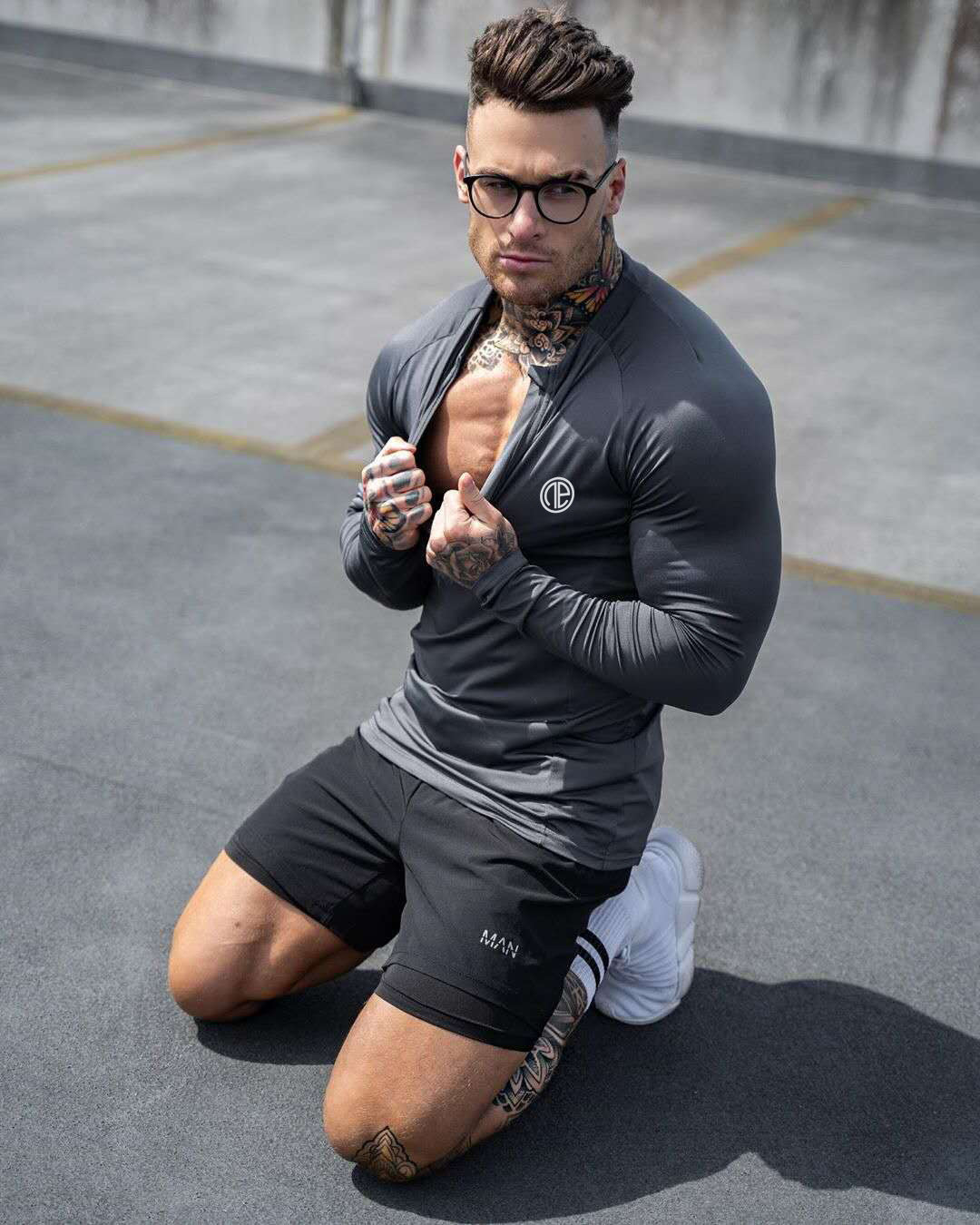 Zipper Neck Fitness Shirts Men Black Long Sleeve GYM Sport Tshirt
